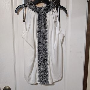 New York & Company NYCo White Satin Black Lace Sleeveless Halter Blouse Top Med